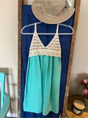 Hayden Cream Crochet Trim Aqua Dress